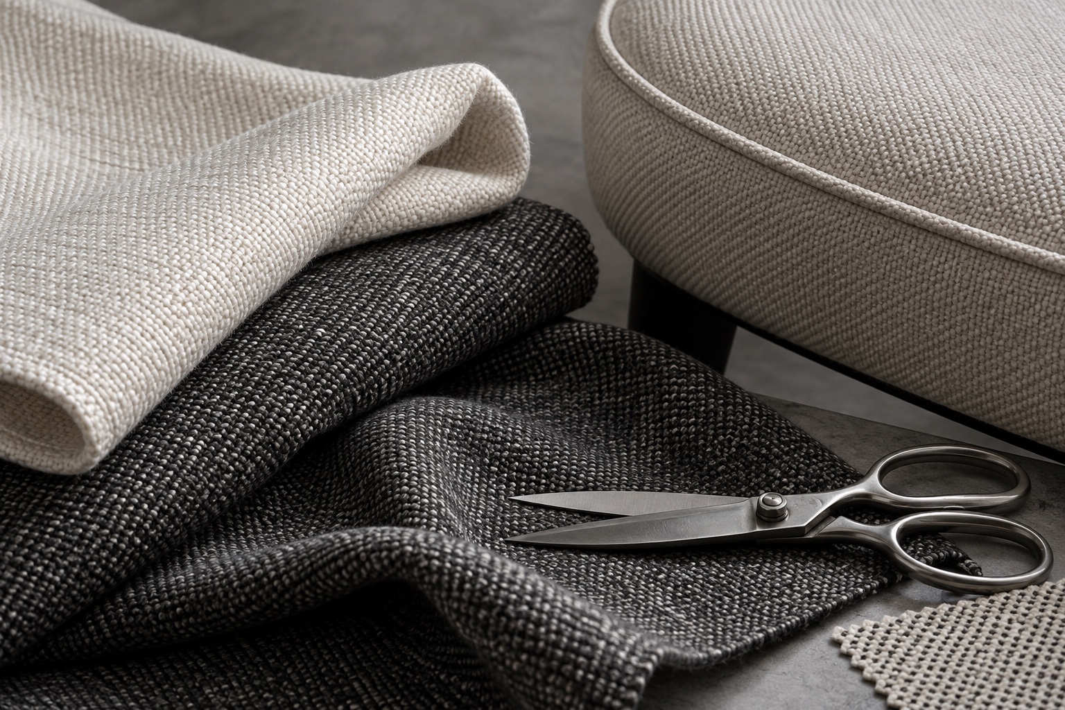 Illustrative study of woven upholstery fabrics, a seat seam and upholstery shears